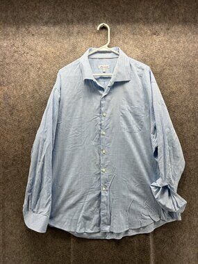 Peter Millar Dress Shirt Mens 2XL Blue Check Classic Fit Cotton Long Sleeve